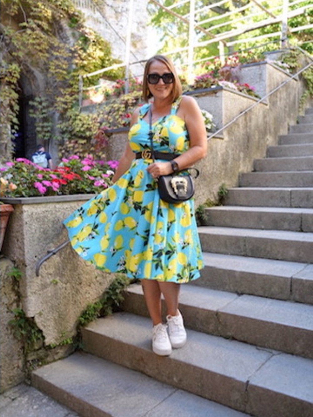 Aqua Lemon-Print Midi Sundress with Adjustable Straps